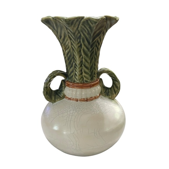 VTG Turnip Shape Ceramic Vases Raku Majolica Leaf Handles - Picture 1 of 12